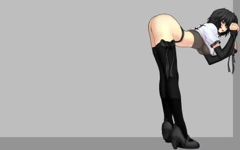 1girl against_wall alternate_color ass ayanami_rei bent_over black_hair black_panties black_thighhighs breasts covered_erect_nipples crop_top detached_sleeves female_focus full_body goth_fashion grey_background high_heels looking_back mogudan neon_genesis_evangelion panties red_eyes see-through_clothes shirt shoes short_hair simple_background smile solo thighhighs third-party_edit thong underboob underwear unmoving_pattern