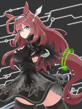 1girl 2b_(nier:automata) 2b_(nier:automata)_(cosplay) ahoge animal_ears back_cutout bkcnvkniwoz0f4d black_background black_dress black_thighhighs blue_eyes breasts brown_hair cleavage_cutout clothing_cutout commentary_request cosplay dress highres holding holding_sword holding_weapon horse_ears horse_girl horse_tail juliet_sleeves large_breasts long_hair long_sleeves looking_back mihono_bourbon_(umamusume) nier:automata nier_(series) puffy_sleeves solo sword tail thighhighs umamusume weapon