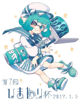 1girl :&gt; blue_boots blue_eyes blue_hair blue_sailor_collar boots bow closed_mouth commentary_request dress footwear_bow full_body hat hat_bow holding holding_weapon inkling inkling_girl inkling_player_character long_sleeves looking_at_viewer matsushita_(matsudbox) nintendo no_nose one_eye_closed peaked_cap pointy_ears puffy_long_sleeves puffy_sleeves range_blaster_(splatoon) sailor_collar sailor_dress short_hair smile solo splatoon_(series) tentacle_hair weapon white_background white_bow white_dress white_hat