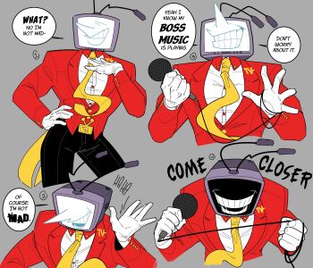 1boy ant_tenna belt_buckle black_pants buckle collared_shirt commentary crt deltarune english_commentary english_text fconvicted gloves hand_on_own_hip highres holding holding_microphone long_nose male_focus microphone multiple_views necktie object_head pants pointy_nose shirt smile speech_bubble tailcoat teeth utdr_(toby_fox) white_gloves white_shirt yellow_necktie