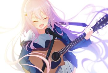 Rule 34 | 1girl, acoustic guitar, backlighting, black jacket, bloom, blurry, blush, closed mouth, commentary, commission, cowboy shot, depth of field, dutch angle, facial scar, facing viewer, fingernails, floating hair, fuwa mochiri, grey skirt, guitar, hair between eyes, hair ornament, hairclip, harumi ena, highres, holding, holding guitar, holding instrument, instrument, jacket, limelight lemonade jam, long hair, microphone, miniskirt, music, open clothes, open jacket, open mouth, parallel hairclips, pink hair, pleated skirt, scar, scar on cheek, scar on face, shirt, sidelocks, simple background, singing, skeb commission, skirt, solo, teeth, untranslatable commentary, upper teeth only, v-shaped eyebrows, very long hair, white background, white shirt