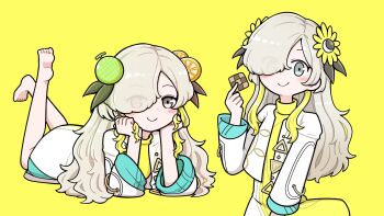 Rule 34 | 1girl, absurdres, barefoot, blush, closed mouth, commentary request, cookie, dress, flower, food, fruit, grey eyes, grey hair, hair flower, hair ornament, hair over one eye, hand up, head rest, heterochromia, highres, holding, holding food, isekaijoucho, kamitsubaki studio, lemon, lemon melon cookie (vocaloid), lemon slice, looking at viewer, lying, melon, multiple views, on stomach, red eyes, shrug (clothing), simple background, smile, soles, t masoppu, the pose, two-tone dress, virtual youtuber, white dress, white shrug, yellow background, yellow dress, yellow flower