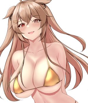 Rule 34 | 1girl, arms behind back, bikini, bikini day, blush, breasts, brown eyes, brown hair, gold bikini, hair between eyes, hair flaps, hair ornament, hairclip, heterochromia, highres, kantai collection, large breasts, long hair, looking at viewer, montemasa, murasame (kancolle), murasame kai ni (kancolle), open mouth, red eyes, ribbon, smile, solo, swimsuit, two side up, upper body, white background