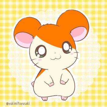 :3 animal animal_focus aqua_eyes artist_name blush_stickers commentary_request doily full_body gingham_background hamster hamtaro hamtaro_(series) looking_at_viewer no_humans outline solo standing whiskers white_outline yukimifuyusaki