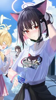 4girls :d ^_^ adjusting_hair after-school_sweets_club_(blue_archive) ahoge airi_(band)_(blue_archive) airi_(blue_archive) animal_ears animal_print arm_behind_head black_choker blank_eyes blonde_hair blue_archive blue_sky blunt_bangs blunt_ends blush bob_cut bottle bow bracelet brown_hair cat_ears cat_girl cat_print choker closed_eyes closed_mouth clothes_around_waist cloud collarbone colored_inner_hair commentary cowboy_shot day earclip earrings extra_ears fanning_self green_bow green_halo hair_bow hair_bun hair_ornament hair_scrunchie hairclip halo hand_up highres holding holding_bottle hood hood_up hot jewelry kazusa_(band)_(blue_archive) kazusa_(blue_archive) looking_at_viewer mask miniskirt mouth_mask multicolored_hair multiple_girls natsu_(band)_(blue_archive) natsu_(blue_archive) official_alternate_costume official_alternate_hairstyle on_roof open_mouth outdoors parted_lips pink_halo pink_skirt pleated_skirt print_shirt profile red_eyes rooftop scrunchie shirt short_hair short_sleeves single_side_bun sitting skirt sky smile standing stud_earrings sunlight sweat t-shirt tenki_nori tsurime two-tone_hair water_bottle white_shirt yellow_halo yellow_scrunchie yoshimi_(band)_(blue_archive) yoshimi_(blue_archive)