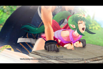 1boy 3d age_difference censored chrom_(fire_emblem) closed_eyes crown fire_emblem fire_emblem:_mystery_of_the_emblem fire_emblem_awakening fire_emblem_warriors from_behind green_hair hard-translated loli mosaic_censoring nintendo open_mouth outdoors rough_sex sex third-party_edit tiki_(fire_emblem) tiki_(young)_(fire_emblem) vaginal