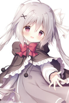 Rule 34 | 1girl, :d, ahoge, blush, bow, brown capelet, brown eyes, capelet, commentary, drawstring, dress, frilled capelet, frills, grey dress, grey hair, hair between eyes, hair bow, hair ornament, head tilt, highres, hood, hood down, hooded capelet, hoshizora tetsudou to shiro no tabi, long hair, long sleeves, neri (hoshishiro), open mouth, puffy long sleeves, puffy sleeves, red bow, shiratama (shiratamaco), shirt, simple background, smile, solo, twintails, very long hair, white background, white bow, white shirt, x hair ornament