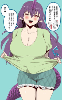 1futa autopaizuri blush breasts bulge cleavage erection erection_under_clothes futanari handsfree_paizuri highres horns huge_penis large_breasts masturbation nekobatake paizuri penis pointy_ears purple_hair single_horn solo speech_bubble tail tenkajin_chiyari touhou translation_request