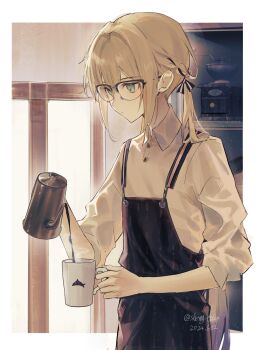 1boy apron bespectacled black_apron blonde_hair blue_eyes captain_nemo_(fate) closed_mouth coffee_grinder coffee_pot collared_shirt cup dated fate/grand_order fate_(series) glasses gradient_hair hair_ribbon highres holding holding_cup long_hair male_focus mug multicolored_hair nemo_(fate) pouring ribbon sherry_0014 shirt solo steam trap twintails twitter_username very_long_hair white_shirt