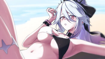 1girl alternate_costume armpits bare_shoulders beach bikini black_bikini black_choker black_survival bow breasts chiara_(black_survival) choker eternal_return:_black_survival gradient_hair hair_between_eyes hair_bow halterneck hand_up high_ponytail highres large_breasts legs_up long_hair looking_at_viewer lying moonb3702 multicolored_bikini multicolored_hair navel o-ring o-ring_bikini on_back open_mouth ponytail red_eyes solo stomach strap_gap swimsuit two-tone_bikini underboob white_bikini white_hair wristband