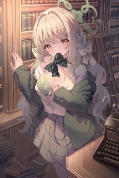 1girl absurdres blue_archive book book_stack bow bowtie bra breasts cleavage collared_shirt commentary floral_print_bra green_bow green_bowtie green_bra green_halo green_jacket grey_hair grey_skirt hair_bow halo highres indoors jacket library long_hair medium_breasts miyo_(blue_archive) mouth_hold open_clothes open_jacket partially_unbuttoned shirt skirt solo striped_bow tomo_(tomosa011326) underwear white_bow white_shirt yellow_eyes