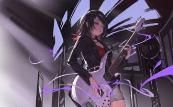 5-string_bass_guitar aqua_eyes bang_dream! bang_dream!_it's_mygo!!!!! bass_guitar black_jacket brown_hair closed_mouth commentary_request cowboy_shot extended_range_bass_guitar grey_skirt guitar highres holding holding_guitar holding_instrument instrument jacket jewelry looking_ahead loong_(loong_blo) medium_hair necklace red_shirt shirt skirt yahata_umiri