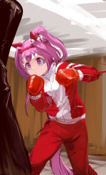 Rule 34 | 1girl, animal ears, bow, boxing, boxing gloves, brush stroke, commentary request, ear bow, ear covers, flower-shaped pupils, hairband, haru urara (umamusume), headband, highres, horse ears, horse girl, horse tail, indoors, inishie kumo, jacket, long hair, long sleeves, motion lines, pants, pink eyes, pink hair, ponytail, punching, punching bag, red hairband, red headband, red jacket, red pants, solo, standing, symbol-shaped pupils, tail, track jacket, track pants, two side up, umamusume, white bow