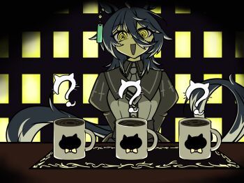 1girl animal_print arms_behind_back borrowed_hairstyle cat_print coffee_mug commentary_request cosplay crazy_eyes cup earrings femme_soule femme_soule_(cosplay) hair_between_eyes highres jewelry koba_shi long_bangs long_hair long_sleeves manhattan_cafe_(umamusume) mug necktie puffy_long_sleeves puffy_sleeves pukey_goddess_shot_trick ringed_eyes short_necktie single_earring solo tail umamusume very_long_hair very_long_tail yellow_eyes