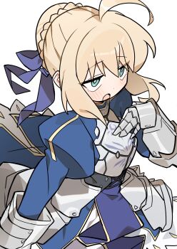Rule 34 | 1girl, absurdres, ahoge, armor, armored dress, artoria pendragon (fate), blonde hair, blue dress, breastplate, commentary, dress, fate/stay night, fate (series), gauntlets, green eyes, hair bun, highres, juliet sleeves, long sleeves, looking to the side, open mouth, puffy sleeves, saber (fate), simple background, single hair bun, solo, white background, yuateheng