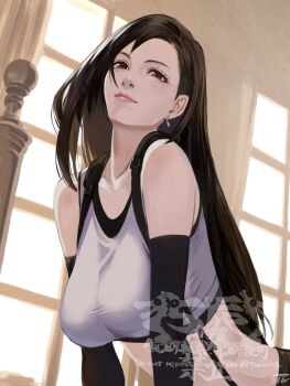 1girl 5tatsu bare_shoulders black_gloves black_hair black_sports_bra breasts closed_mouth collarbone commentary_request crop_top earrings elbow_gloves final_fantasy final_fantasy_vii final_fantasy_vii_remake gloves highres indoors jewelry large_breasts lips long_hair looking_at_viewer midriff pink_lips red_eyes skirt solo sports_bra suspender_skirt suspenders tank_top tifa_lockhart upper_body white_tank_top window