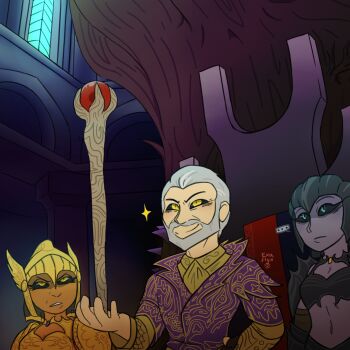 1boy 2girls armor beard black_armor black_sclera blue_eyes boobplate breastplate cleavage_cutout clothing_cutout colored_sclera colored_skin confused dark_seducer_(mazken) exaflux facial_hair furrowed_brow gold_armor gold_skin gold_trim golden_saint_(aureal) grey_hair helmet highres indoors jacket looking_at_object mage_staff midriff multiple_girls ornate_clothes purple_jacket purple_skin revealing_clothes sheogorath shirt shoulder_armor slit_pupils smile staff standing star_(symbol) the_elder_scrolls the_elder_scrolls_iv:_oblivion throne_room toon_(style) tree upper_body watermark winged_helmet yellow_eyes yellow_shirt