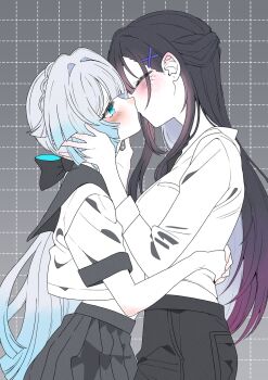 2girls black_hair black_pants black_sailor_collar black_skirt blue_eyes blue_streaks blush cerydra_(honkai:_star_rail) closed_eyes commentary_request contemporary grey_background grid_background highres honkai:_star_rail honkai_(series) hysilens_(honkai:_star_rail) kiss kosame_0229 long_hair multiple_girls pants pleated_skirt purple_streaks sailor_collar school_uniform shirt skirt white_hair white_shirt yuri