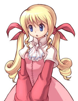 1girl 4leaf :o archived_source ascot blue_eyes breasts collared_shrug commentary cowboy_shot dorothy_(tales_weaver) dress drill_hair drill_sidelocks eyelashes game_cg hair_between_eyes hair_ribbon high_collar korean_commentary long_sleeves low_twintails lowres medium_breasts nexon official_art open_mouth pink_dress pink_sleeves red_ribbon ribbon shrug_(clothing) sidelocks simple_background softmax solo tales_weaver tiv twin_drills twintails white_ascot white_background white_shrug wide_sleeves