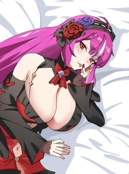 1girl black_hairband breasts cleavage fang flower guardian_tales hair_flower hair_ornament hairband huge_breasts licking_lips lying multicolored_hair on_bed on_side pink_hair purple_flower red_eyes red_flower red_nails skin_fang slit_pupils solo streaked_hair tongue tongue_out vampire_girl_karina white_hair white_streaks zartrial025