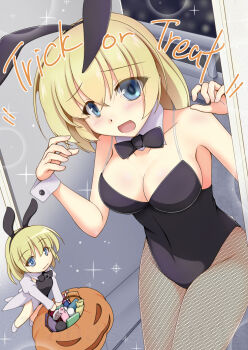 2girls alice_margatroid animal_ear_hairband animal_ears blonde_hair blue_eyes bow bowtie breasts cleavage commentary_request detached_collar fake_animal_ears fishnet_pantyhose fishnets hairband highres kurenaidahlia leotard medium_breasts multiple_girls pantyhose playboy_bunny rabbit_ears rabbit_tail see-through_strap shanghai_doll short_hair strapless strapless_leotard tail touhou trick_or_treat wrist_cuffs