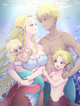 2boys 2girls air_bubble bikini blonde_hair blue_background blue_eyes breasts bubble cleavage collarbone commentary_request dark-skinned_female dark-skinned_male dark_skin family fins green_tail hand_on_another's_shoulder head_fins highres hug komena_(shinyday312) large_breasts long_hair long_sidelocks medium_hair merfolk mermaid merman monster_boy monster_girl multiple_boys multiple_girls navel open_mouth original purple_eyes red_tail scales shell shell_bikini sidelocks swimsuit teeth underwater upper_teeth_only very_long_hair very_long_sidelocks