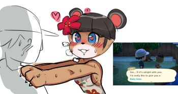 1boy 1girl :3 animal_crossing animal_ears animal_hands archived_source arms_up bare_shoulders baseball_cap bear_ears blue_eyes blunt_bangs blush breasts breath brown_hair claws covered_erect_nipples drawfag dress floral_print flower furry grey_dress hair_flower hair_ornament happy hat heart heart-shaped_pupils hetero highres in_heat interspecies june_(animal_crossing) looking_at_another medium_breasts nintendo nose_blush outstretched_arms red_flower reference_work short_hair sideboob simple_background sketch smile solo_focus standing strapless strapless_dress sweat symbol-shaped_pupils teeth upper_body villager_(animal_crossing) white_background