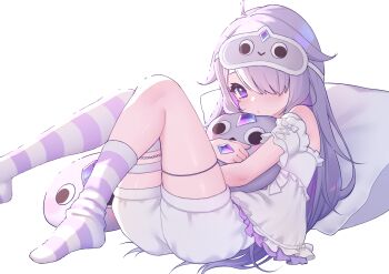 1girl absurdres asymmetrical_legwear closed_mouth commentary detached_sleeves english_commentary foot_out_of_frame frilled_shirt_collar frills hair_over_one_eye highres holding holding_stuffed_toy hololive hololive_english knees_up koseki_bijou long_bangs long_hair looking_at_viewer lucasyecla99 mask mask_on_head no_shoes one_eye_covered pillow purple_eyes purple_hair reclining shirt short_shorts short_sleeves shorts simple_background single_sock single_thighhigh sleep_mask socks solo strapless strapless_shirt striped_clothes striped_socks striped_thighhighs stuffed_animal stuffed_toy thigh_strap thighhighs virtual_youtuber white_background white_shirt white_shorts