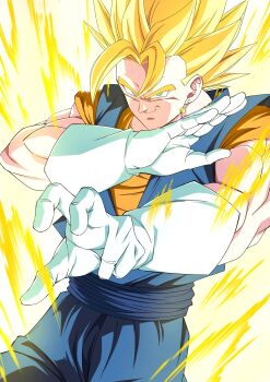 1boy absurdres aura blonde_hair blue_pants blue_sash blue_shirt cowboy_shot dragon_ball dragonball_z earrings gloves hase125639 highres jewelry male_focus medium_hair muscular muscular_male orange_shirt pants potara_earrings sash shirt simple_background smirk solo spiked_hair super_saiyan super_saiyan_1 vegetto weapon white_background white_gloves