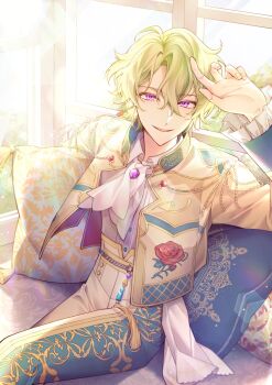 1boy aqua_pants ascot collared_shirt ensemble_stars! gem green_hair highres jacket long_sleeves looking_at_viewer multicolored_jacket multicolored_pants pants parted_lips purple_eyes purple_gemstone shirt short_hair solo sunlight thx_39 tomoe_hiyori white_ascot white_shirt window yellow_jacket yellow_pants