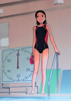 1girl black_eyes black_hair black_one-piece_swimsuit competition_swimsuit goggles hand_on_railing highres holding holding_goggles indoors looking_afar messy_hair mirror one-piece_swimsuit original pool solo standing swim_cap unworn_swim_cap swimsuit takamichi timer