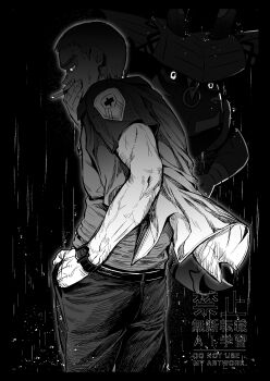 1boy absurdres belt black_background cheekbones cigarette cowboy_shot face_piercing from_side gen_7_pokemon glowing glowing_eyes greyscale hand_in_pocket highres holding holding_cigarette horns jacket legendary_pokemon looking_at_viewer male_focus monochrome nanu_(pokemon) nazuka_jyo nintendo nose_piercing nose_ring old old_man open_clothes open_jacket pants piercing pokemon pokemon_(creature) pokemon_sm rain short_hair short_sleeves simple_background smoking solo tapu_bulu z-crystal z-ring