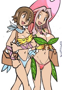 2girls bikini digimon hat highres multiple_girls navel smile sooperman swimsuit tachikawa_mimi walking yagami_hikari