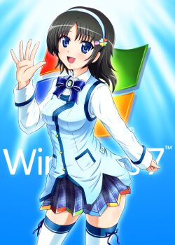Rule 34 | 1girl, black hair, blue eyes, cosplay, diesel-turbo, dog days, female focus, madobe nanami, madobe nanami (cosplay), microsoft windows, mizuki nana, name connection, os-tan, short hair, solo, takatsuki nanami, thighhighs, voice actor connection, windows 7, zettai ryouiki