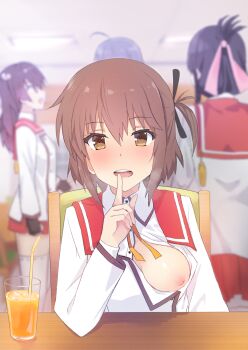 4girls ahoge black_gloves black_hairband black_ribbon blouse blurry blurry_background blush breasts breasts_out brown_eyes brown_hair chair collared_shirt commentary_request depth_of_field drinking_straw etou_kanami facing_away finger_to_mouth flashing folded_ponytail from_behind from_side glass gloves hair_ribbon hairband highres hitoiki indoors long_hair long_sleeves minoseki_gakuin_uniform multiple_girls nipples no_bra on_chair one_breast_out one_side_up open_mouth oppai_challenge pleated_skirt presenting_breasts public_indecency red_sailor_collar red_skirt ribbon sailor_collar school_uniform serafuku shirt sitting skirt small_breasts solo_focus standing table teeth thighhighs toji_no_miko upper_body upper_teeth_only white_legwear white_shirt wooden_chair wooden_table yellow_neckwear