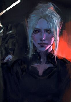 Rule 34 | 1girl, absurdres, baldur's gate, baldur's gate 3, black shirt, closed mouth, colored skin, commentary, cosplay, crossover, cyberpunk (series), cyberpunk 2077, dark elf, dungeons & dragons, earrings, elf, english commentary, highres, jewelry, katlovesstar, meredith stout, meredith stout (cosplay), minthara, painterly, pointy ears, purple lips, purple skin, red eyes, shirt, sidelocks, solo, stud earrings, upper body, white hair