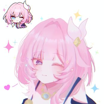 Rule 34 | 1girl, ;), bare shoulders, blue eyes, chibi, chibi inset, coat, commentary request, cyrene (aedes elysiae) (honkai: star rail), cyrene (honkai: star rail), hair ornament, heart, highres, honkai: star rail, honkai: star rail sticker redraw (meme), honkai (series), jewelry, looking at viewer, meme, multicolored hair, necklace, nemui 02190, one eye closed, pink hair, purple coat, short hair, simple background, smile, solo, two-tone hair, white background, white hair