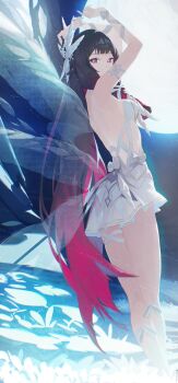 1girl absurdres arms_up backless_dress backless_outfit black_hair breasts columbina_(genshin_impact) dress from_side full_moon genshin_impact hashtag-only_commentary highres kuuro_(kuuroart) long_hair looking_at_viewer medium_breasts moon red_eyes solo transparent_wings very_long_hair white_dress