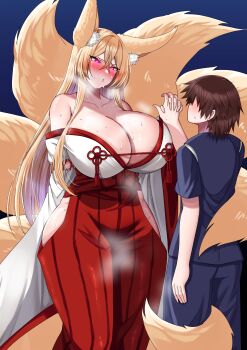 1boy 1girl absurdres animal_ear_fluff animal_ears ar_(lover_boy) bare_shoulders blonde_hair blush breasts brown_hair cleavage clothing_cutout collarbone fox_ears fox_girl fox_tail hakama hakama_skirt height_difference highres hip_vent huge_breasts interlocked_fingers japanese_clothes kitsune long_hair miko original pink_eyes red_hakama skirt tail tassel wide_sleeves
