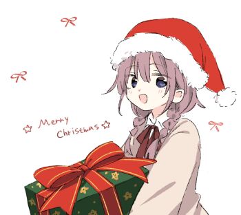 1girl braid collared_shirt commentary english_commentary english_text fur-trimmed_headwear fur_trim hat highres holding long_hair long_sleeves looking_at_viewer matsuda_hikari merry_christmas open_mouth original red_hat red_ribbon ribbon santa_hat shirt simple_background smile solo star_(symbol) twin_braids upper_body white_background white_shirt