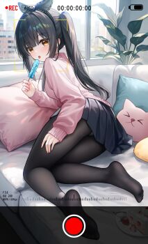 1girl absurdres black_bow black_hair black_hairband black_pantyhose black_skirt blunt_bangs blush bow cake cake_slice commentary day dutch_angle eyelashes eyes_visible_through_hair feet food full_body hair_between_eyes hair_bow hairband hand_up highres holding holding_food holding_popsicle indoors knees_together_feet_apart legs liht long_hair looking_at_viewer looking_back miniskirt no_shoes on_bed open_mouth orange_eyes original panties panties_under_pantyhose pantyhose pillow pink_sweater plant pleated_skirt popsicle potted_plant recording sidelocks sitting skirt sleeves_past_wrists soles solo straight_hair sweater thighs toes tongue tongue_out turtleneck turtleneck_sweater twintails underwear untranslatable_commentary viewfinder window