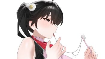 1girl ahoge araragi_karen arril100 bandana bandana_around_neck black_eyes black_hair breasts egg_hair_ornament food-themed_hair_ornament hair_between_eyes hair_ornament hand_up highres holding holding_toothbrush medium_breasts monogatari_(series) nisemonogatari pink_shirt ponytail red_bandana saliva saliva_trail shirt simple_background sleeveless sleeveless_shirt solo tongue tongue_out toothbrush white_background