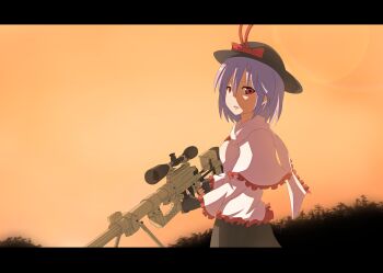 1girl anime_coloring bolt_action bow cheytac_m200 female_focus finger_on_trigger fingerless_gloves frills gloves gun hat hat_bow highres kamiya_suzume letterboxed looking_at_viewer nagae_iku purple_hair red_eyes rifle shiroi_suzume short_hair sky sniper sniper_rifle solo standing sunset touhou weapon