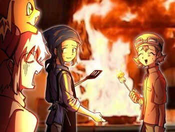 3boys apron bandana black_apron black_hair blue_bandana blue_jacket blurry blurry_background brown_hair closed_eyes cowboy_shot digimon digimon_(creature) digimon_frontier fire food jacket kanbara_takuya kimura_kouichi kitchen looking_at_viewer male_focus marshmallow minamoto_kouji multiple_boys nervous_smile oh_sorry_01 patamon photo_background red_jacket smile