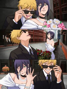 1boy 2girls absurdres black_choker blonde_hair blue_hair blush bouquet brown_eyes burger_costume chainsaw_man chinese_wedding_photoshoot choker clenched_teeth commentary denji_(chainsaw_man) dress english_commentary flower formal_clothes green_eyes grin hand_up higashiyama_kobeni highres holding holding_bouquet jewelry looking_at_viewer looking_up multiple_girls necklace off-shoulder_dress off_shoulder one_eye_closed outdoors pearl_necklace photo-referenced photo_background reze_(chainsaw_man) ring sharp_teeth short_hair smile sunglasses tatjasng12 teeth tongue tongue_out urban wedding wedding_ring white_dress