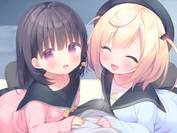 1boy 2girls :3 :d ^_^ bat_hair_ornament black_hair blonde_hair blue_cardigan blush braid bulge cardigan closed_eyes erection erection_under_clothes game_cg hair_ornament hat hetero kazari_(mainichi_kiss_shite_lolita) large_variant_set loli looking_at_viewer mainichi_kiss_shite_lolita mihato_(mainichi_kiss_shite_lolita) multiple_girls non-web_source open_mouth pink_cardigan pink_eyes piyodera_mucha pov sailor_collar side_braid smile two_side_up usashiro_mani variant_set