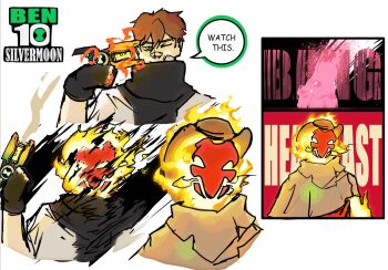 alien ben_10 ben_tennyson brown_hair colored_skin commentary cowboy_hat english_commentary english_text fiery_hair fire gloves glowing glowing_eyes green_eyes gun hat heatblast highres holding holding_gun holding_weapon oneshotreborn1 red_skin simple_background solo speech_bubble weapon white_background