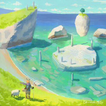 1other ambiguous_gender animal antlers blue_sky cliff commentary_request day fantasy floating_clothes floating_island grey_pants grey_shirt highres holding holding_pole horizon horns katou_oswaldo ocean orange_hair original outdoors pants pole purple_scarf ruins scarf scenery shadow sheep shirt shore short_hair signature sky standing wide_shot