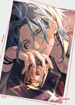 1boy alcohol bishounen black_hair black_shirt blue_hair border bracelet closed_mouth collared_shirt commentary cup dated drink drinking_glass ear_piercing earrings english_commentary eyelashes glass glint green_eyes grey_background hair_between_eyes happy_birthday head_rest hex_haywire highres holding holding_cup jewelry koujisako looking_at_viewer male_focus medium_hair multicolored_hair multiple_rings necktie nijisanji nijisanji_en parted_bangs piercing portrait red_necktie ring shirt smile solo sparkle streaked_hair twitter_username two-tone_hair upper_body