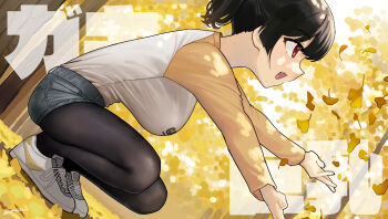 1girl autumn black_hair black_pantyhose blue_shorts breasts copyright_name dutch_angle from_side gaki_kyonyuu grey_sky highres japanese_text kaedeko_(kaedelic) large_breasts leaf long_sleeves open_mouth oppai_loli original pantyhose pantyhose_under_shorts profile red_eyes sasaki_kanna shirt shoes short_hair short_shorts shorts sideboob sky smile sneakers solo squatting text_background twintails two-tone_skirt white_shirt white_shoes yellow_shirt